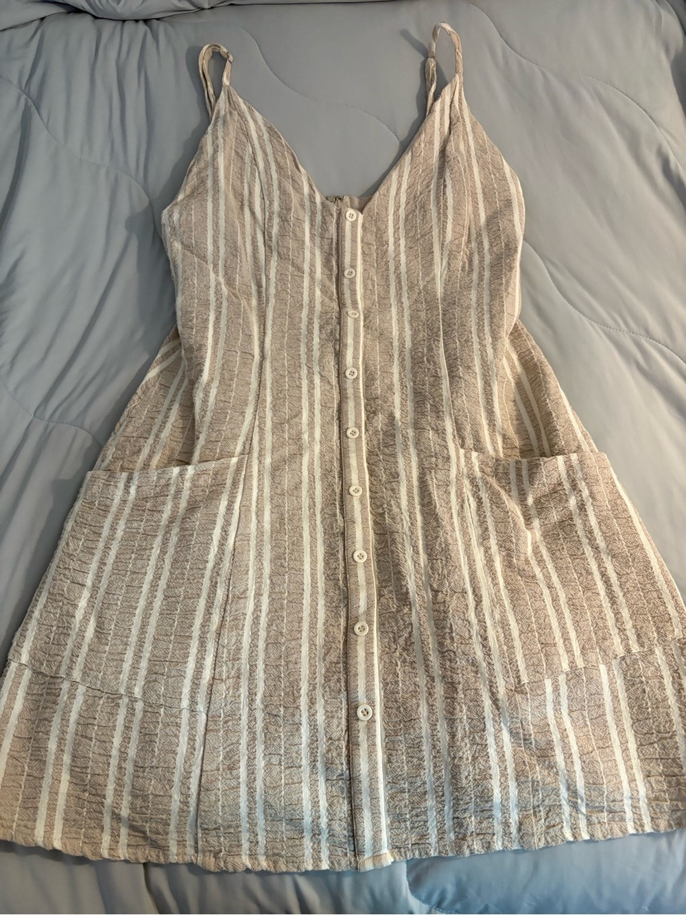 Lost + Wander Large Striped Linen Cotton Blend Dress Pockets Puckered Crinkle